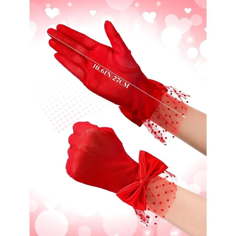Women's Short Red Bow Lace Gloves Tea Party Elegant Opera Wedding Accessories
